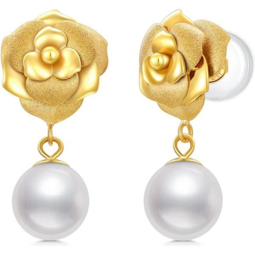 18kt Solid Gold Pearl Earrings for Women, Real Gold Rose Flower Stud with